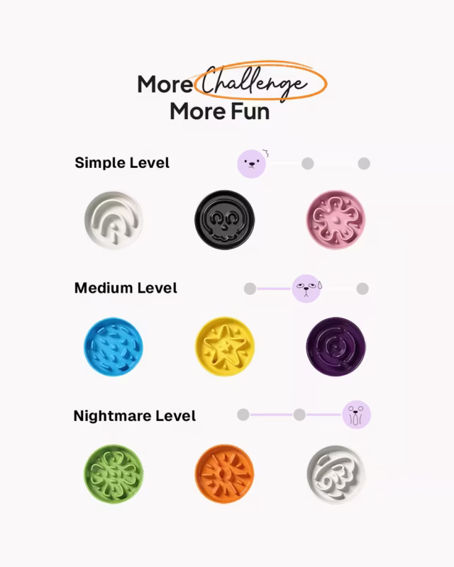 Nine color variations of the Slow Feeder for French Bulldog