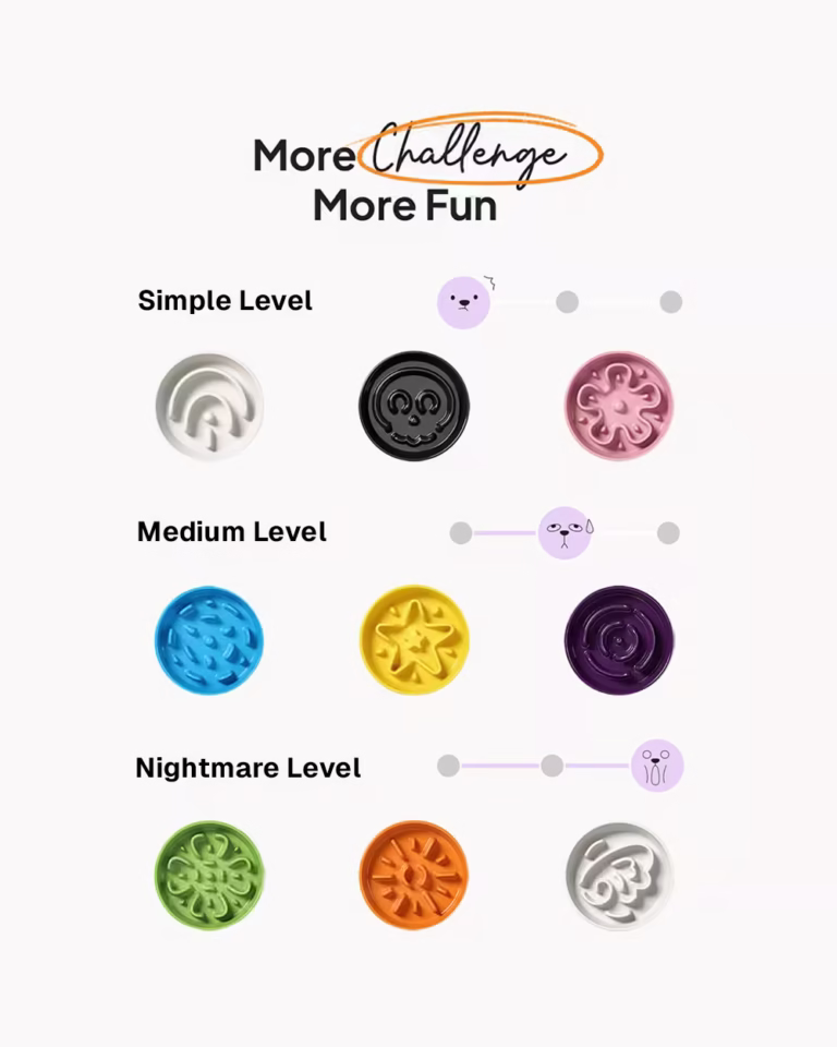 Nine color variations of the Slow Feeder for French Bulldog