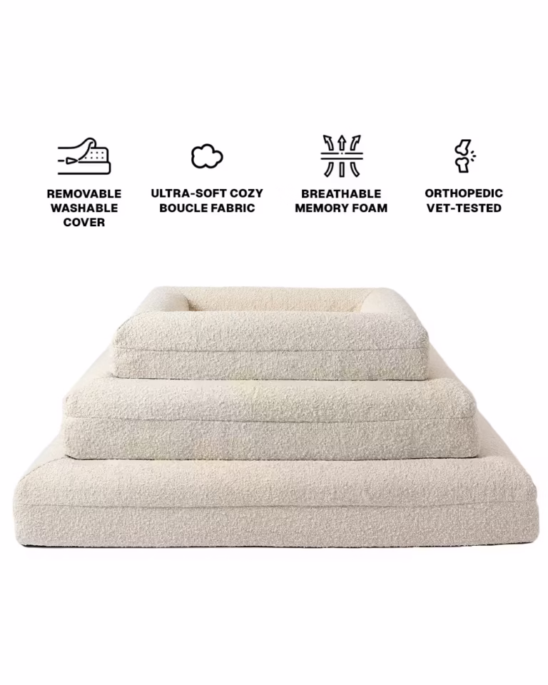 Three Vet-Made Orthopedic Frenchie Beds with product info