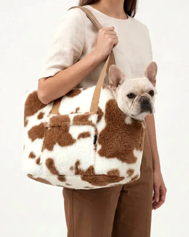 Girl model wearing Cow Plush French Bulldog Carrier with cream French bulldog in it