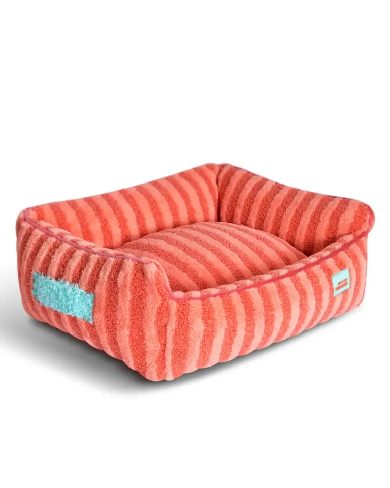 CozyStripe Striped French Bulldog Bed in coral orange color