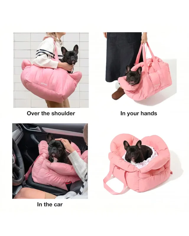 French bulldog car seat shown in 4 thumbnails serving as a multi purpose product