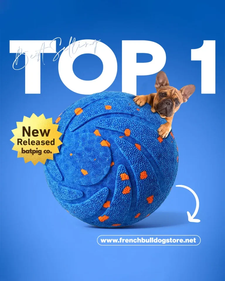 BatpigBall Smart Motion Frenchie Toy best-selling banner — fawn French Bulldog puppy climbing the blue interactive ball, new release at Batpig Co.