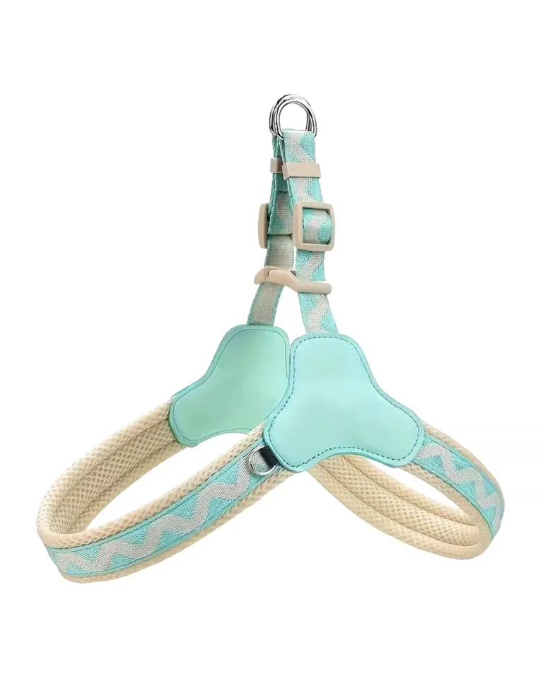 Fleur Step-In French Bulldog Harness in "Karma" blue and beige colors
