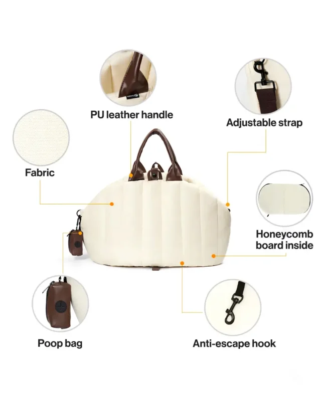Nuage Quilted Frenchie Tote Carrier features — cream Oxford fabric, brown PU leather handle, adjustable strap, honeycomb base board, anti-escape hook and poop bag pouch.