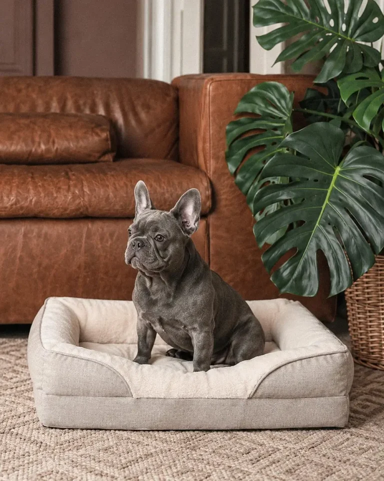 Blue French Bulldog sitting in SpineEase Orthopedic Frenchie Dog Bed in living room with leather couch and monstera plant