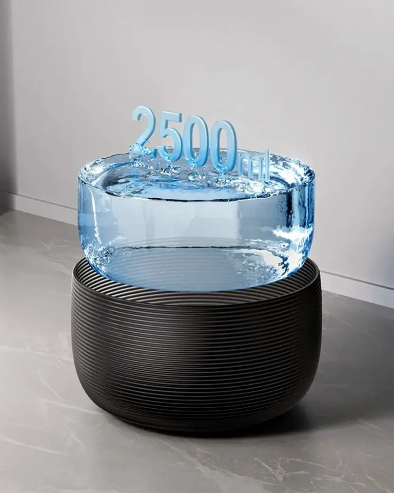 Three-stage filtration system inside the Cascade French Bulldog Water Fountain showing 2.5 L capacity