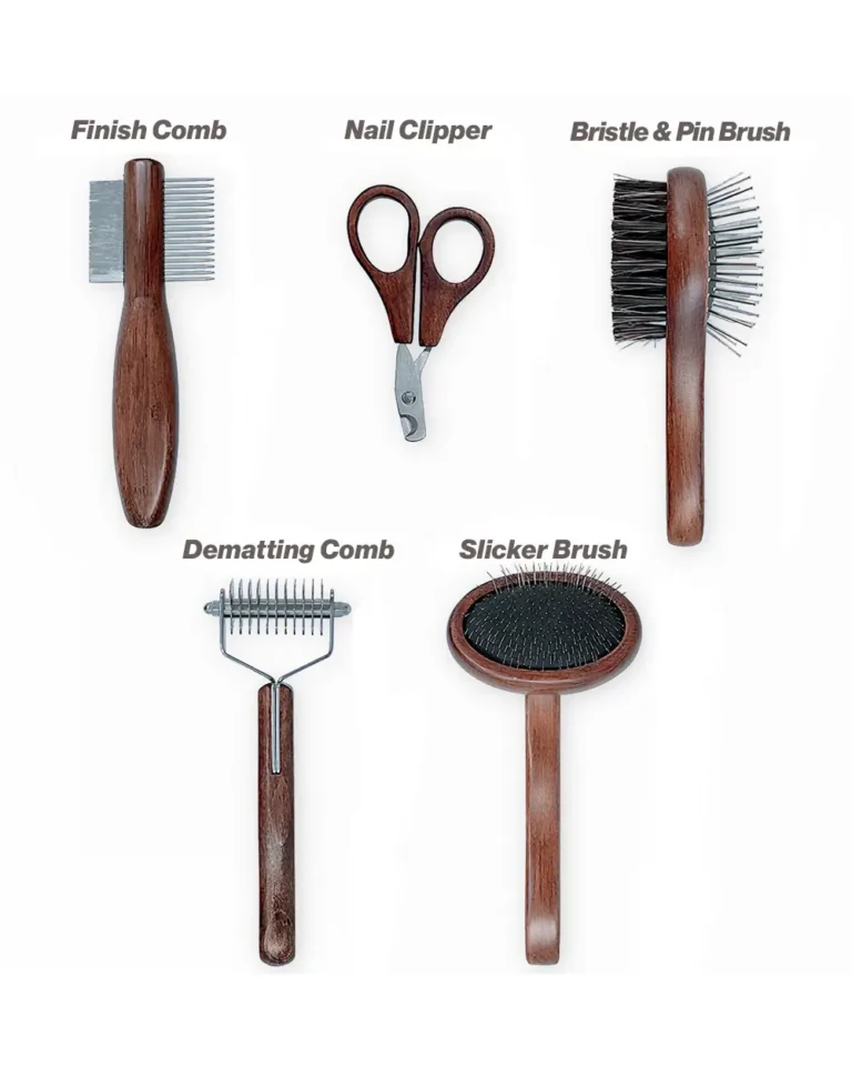 Royal Noir Frenchie grooming set — 5 black walnut tools labeled